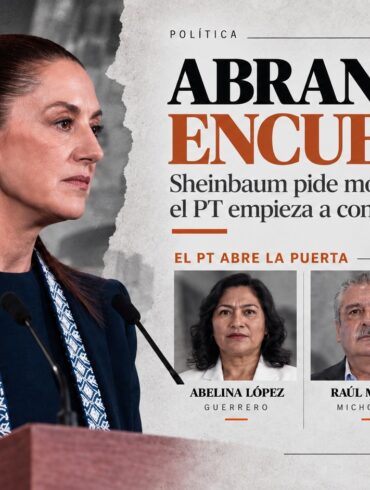 Visual editorial con Claudia Sheinbaum en conferencia y retratos de Abelina López, Raúl Morón y Rafael Marín Mollinedo sobre la apertura de encuestas en Morena.