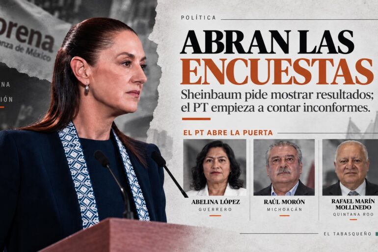 Visual editorial con Claudia Sheinbaum en conferencia y retratos de Abelina López, Raúl Morón y Rafael Marín Mollinedo sobre la apertura de encuestas en Morena.