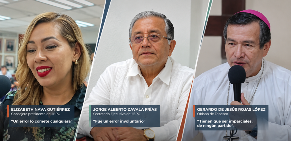 Composición tiled con Elizabeth Nava, Jorge Zavala y el obispo Gerardo de Jesús Rojas López durante la polémica por la publicación accidental en WhatsApp.
