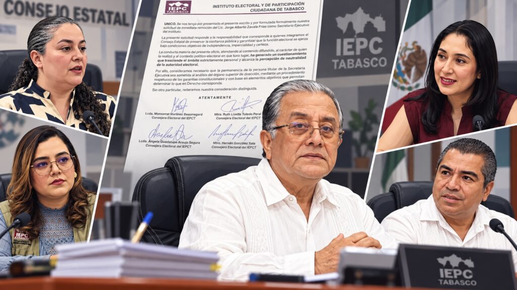 Jorge Alberto Zavala Frías al centro, rodeado por los cuatro consejeros del IEPCT que solicitaron analizar su remoción, con el oficio firmado al fondo.
