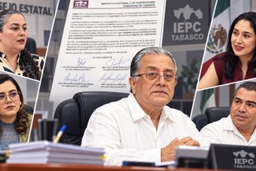 Jorge Alberto Zavala Frías al centro, rodeado por los cuatro consejeros del IEPCT que solicitaron analizar su remoción, con el oficio firmado al fondo.