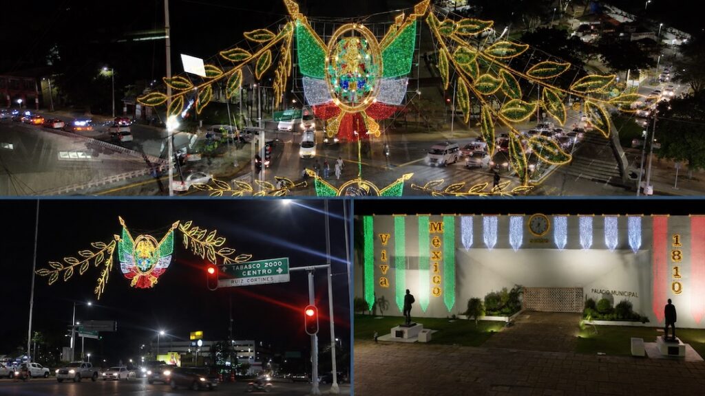 Un tiled de iluminación patria en avenidas de Villahermosa y el Palacio Municipal de Centro.