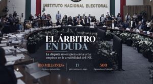 Herradura del Consejo General del INE durante una sesión, con datos de la elección 2027 y el mensaje El árbitro en duda.