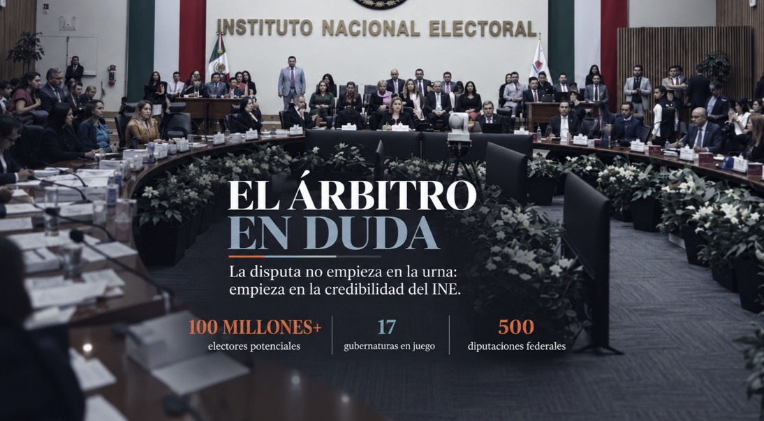 Herradura del Consejo General del INE durante una sesión, con datos de la elección 2027 y el mensaje El árbitro en duda.