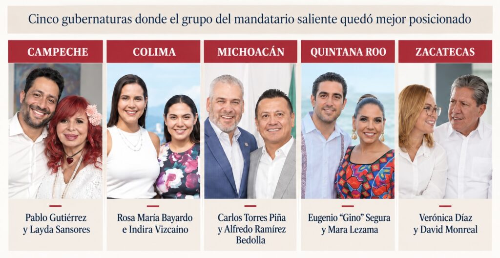 Infografía editorial sobre cinco casos de intervención directa en Morena rumbo a 2027, con Campeche, Colima, Michoacán, Quintana Roo y Zacatecas como estados donde perfiles ligados a los gobernadores salientes quedaron mejor posicionados.