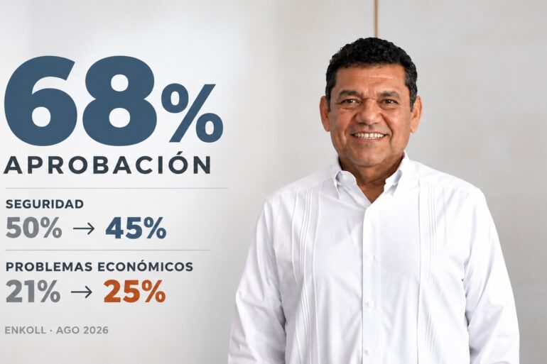 Javier May con 68% de aprobación en encuesta Enkoll de agosto de 2026
