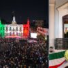 Vista aérea de la Plaza de Armas y Javier May ondeando la bandera de México desde el Palacio de Gobierno de Tabasco.