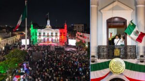 Vista aérea de la Plaza de Armas y Javier May ondeando la bandera de México desde el Palacio de Gobierno de Tabasco.