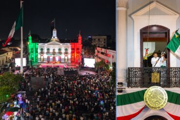 Vista aérea de la Plaza de Armas y Javier May ondeando la bandera de México desde el Palacio de Gobierno de Tabasco.