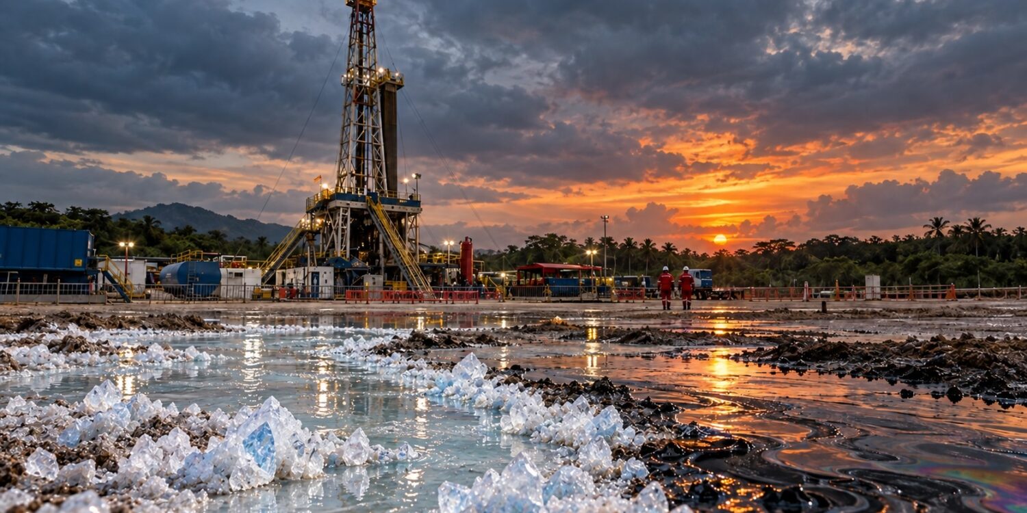 Torre petrolera en Tabasco frente a salmuera cristalizada en azul blanco que se funde visualmente con petróleo oscuro.
