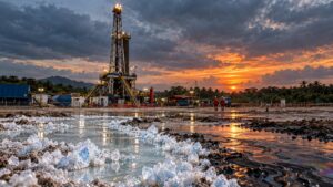Torre petrolera en Tabasco frente a salmuera cristalizada en azul blanco que se funde visualmente con petróleo oscuro.
