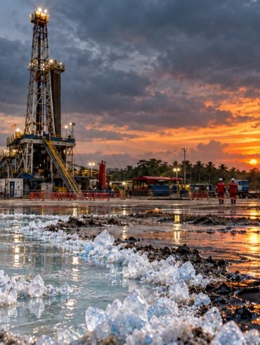 Torre petrolera en Tabasco frente a salmuera cristalizada en azul blanco que se funde visualmente con petróleo oscuro.