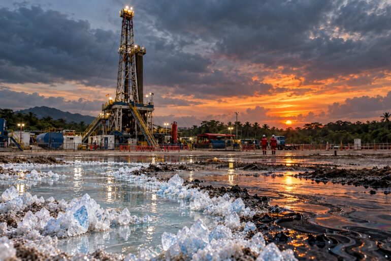 Torre petrolera en Tabasco frente a salmuera cristalizada en azul blanco que se funde visualmente con petróleo oscuro.