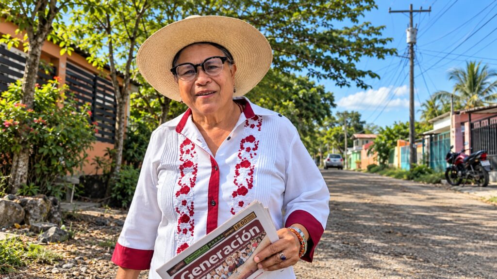 Luisa Cámara sostiene un ejemplar de Regeneración durante actividades territoriales de Morena en Macuspana, Tabasco.