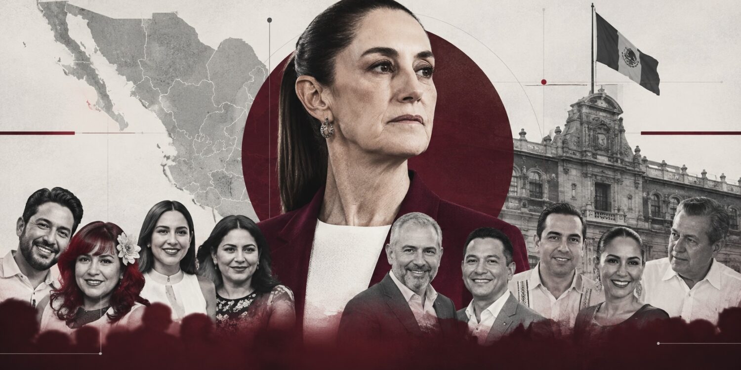 Composición editorial sobre la sucesión de gubernaturas de Morena rumbo a 2027, con Claudia Sheinbaum al centro y figuras vinculadas a gobiernos estatales alrededor.