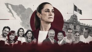 Composición editorial sobre la sucesión de gubernaturas de Morena rumbo a 2027, con Claudia Sheinbaum al centro y figuras vinculadas a gobiernos estatales alrededor.