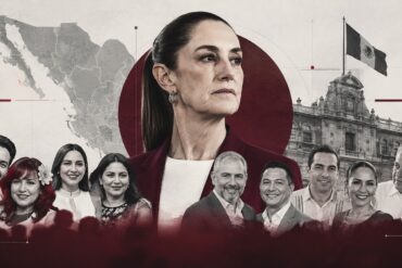 Composición editorial sobre la sucesión de gubernaturas de Morena rumbo a 2027, con Claudia Sheinbaum al centro y figuras vinculadas a gobiernos estatales alrededor.