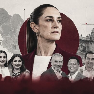 Composición editorial sobre la sucesión de gubernaturas de Morena rumbo a 2027, con Claudia Sheinbaum al centro y figuras vinculadas a gobiernos estatales alrededor.