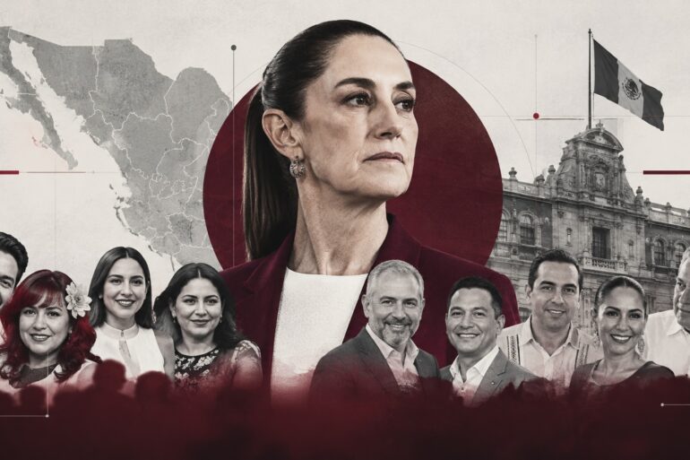 Composición editorial sobre la sucesión de gubernaturas de Morena rumbo a 2027, con Claudia Sheinbaum al centro y figuras vinculadas a gobiernos estatales alrededor.