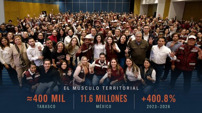 Militantes de Morena reunidos en Tabasco con cifras sobre el crecimiento nacional del padrón del partido