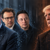 Ilustración digital de Sam Altman, Dario Amodei y Elon Musk frente a Donald Trump en el debate sobre los riesgos de la inteligencia artificial.