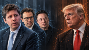Ilustración digital de Sam Altman, Dario Amodei y Elon Musk frente a Donald Trump en el debate sobre los riesgos de la inteligencia artificial.