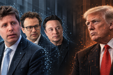 Ilustración digital de Sam Altman, Dario Amodei y Elon Musk frente a Donald Trump en el debate sobre los riesgos de la inteligencia artificial.