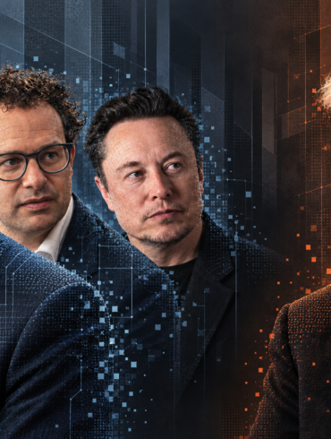 Ilustración digital de Sam Altman, Dario Amodei y Elon Musk frente a Donald Trump en el debate sobre los riesgos de la inteligencia artificial.