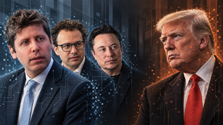 Ilustración digital de Sam Altman, Dario Amodei y Elon Musk frente a Donald Trump en el debate sobre los riesgos de la inteligencia artificial.