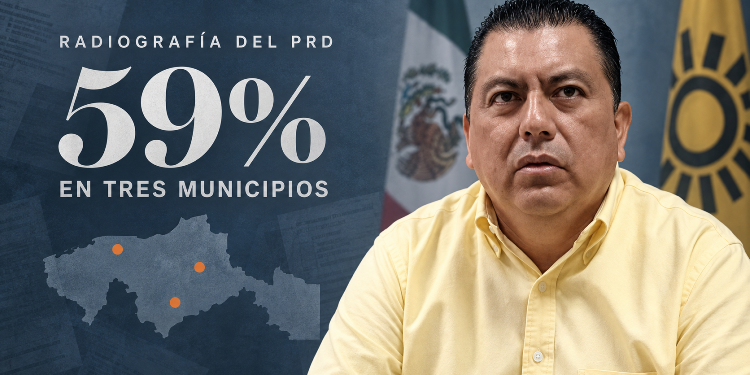 Rafael Acosta León junto a un mapa de Tabasco que destaca la concentración del 59% de afiliados del PRD en tres municipios.