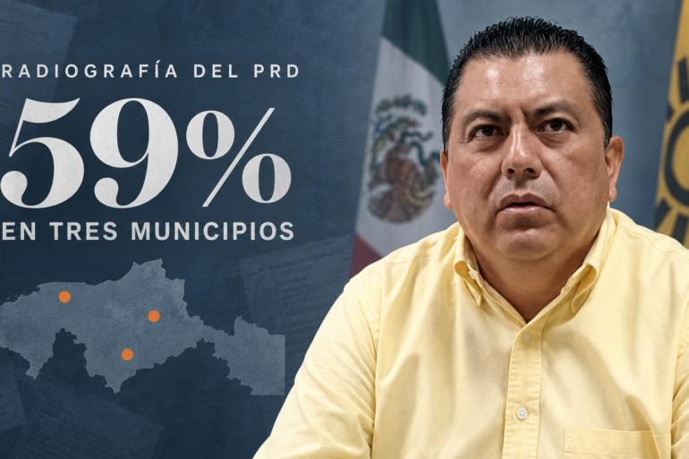 Rafael Acosta León junto a un mapa de Tabasco que destaca la concentración del 59% de afiliados del PRD en tres municipios.