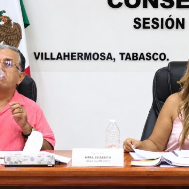 Elizabeth Nava Gutiérrez, presidenta del IEPCT, revisa documentos junto a Jorge Alberto Zavala Frías en sesión del Consejo Estatal