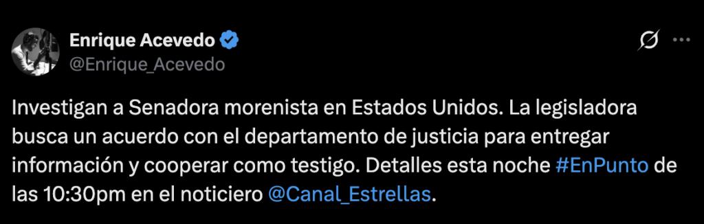 Captura del tuit de Enrique Acevedo acusando a una senadora de Morena sin exhibir pruebas