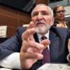 El senador Adán Augusto López gesticula con ambas manos mientras responde a la prensa en su escaño del Senado