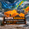 Infografía de alerta naranja en Tabasco por el frente frío 2, con mapa del estado, lluvias previstas de 75 a 150 milímetros y riesgo de crecientes de ríos y anegaciones.