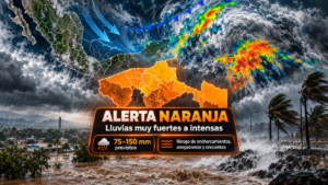 Infografía de alerta naranja en Tabasco por el frente frío 2, con mapa del estado, lluvias previstas de 75 a 150 milímetros y riesgo de crecientes de ríos y anegaciones.