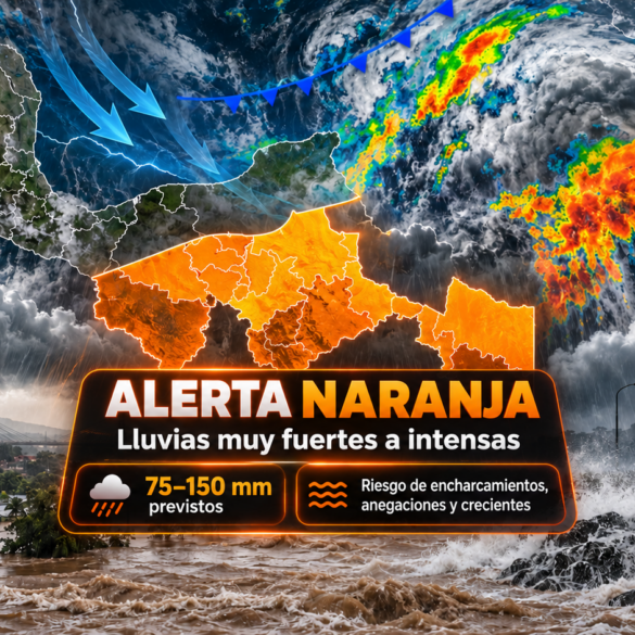 Infografía de alerta naranja en Tabasco por el frente frío 2, con mapa del estado, lluvias previstas de 75 a 150 milímetros y riesgo de crecientes de ríos y anegaciones.