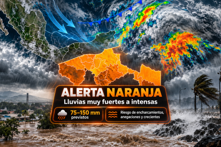 Infografía de alerta naranja en Tabasco por el frente frío 2, con mapa del estado, lluvias previstas de 75 a 150 milímetros y riesgo de crecientes de ríos y anegaciones.
