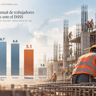 Infografía HERO sobre el crecimiento del empleo formal en Tabasco en septiembre de 2026, con barras comparativas por estado y una escena de construcción integrada al diseño.
