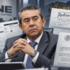 Jorge Montaño Ventura, consejero del INE, en un montaje editorial con facturas de vuelos, hospedaje en Montevideo y documentos oficiales sobre sus gastos de viáticos.