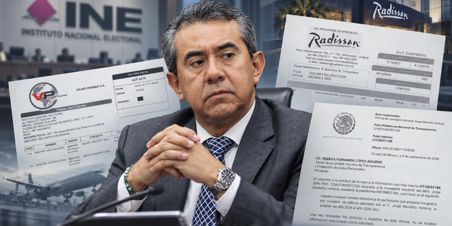 Jorge Montaño Ventura, consejero del INE, en un montaje editorial con facturas de vuelos, hospedaje en Montevideo y documentos oficiales sobre sus gastos de viáticos.