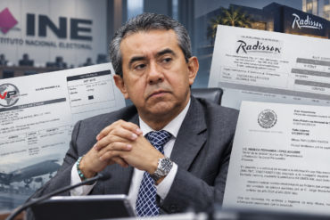 Jorge Montaño Ventura, consejero del INE, en un montaje editorial con facturas de vuelos, hospedaje en Montevideo y documentos oficiales sobre sus gastos de viáticos.