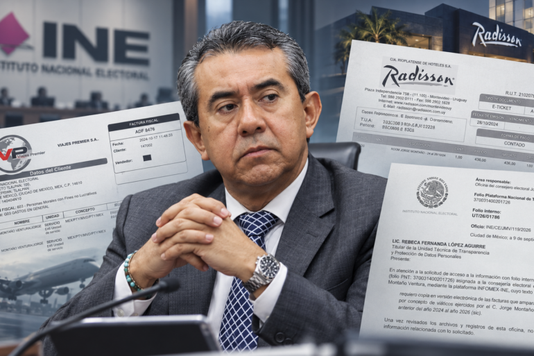 Jorge Montaño Ventura, consejero del INE, en un montaje editorial con facturas de vuelos, hospedaje en Montevideo y documentos oficiales sobre sus gastos de viáticos.