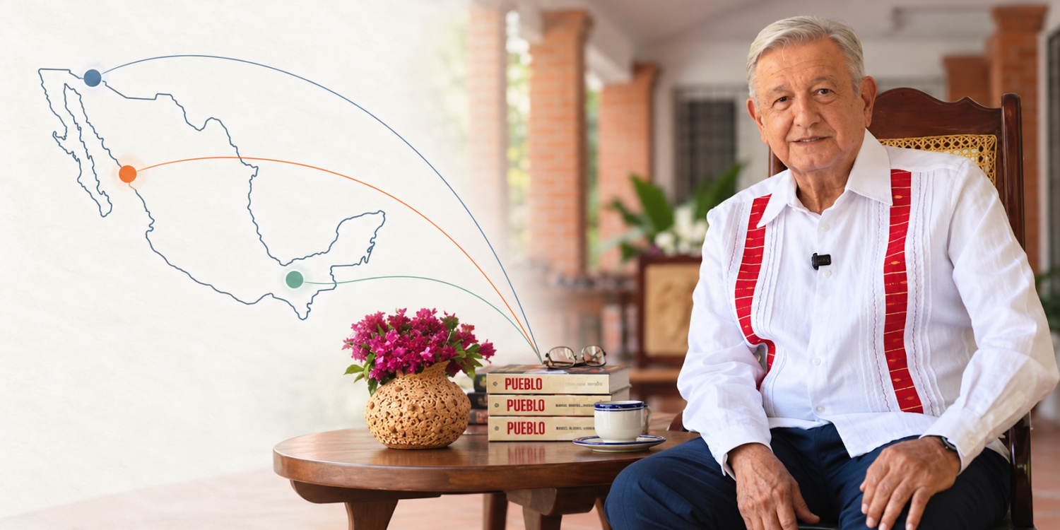 Portada del libro Pueblo de López Obrador sobre un mapa de México con tres frentes: Estados Unidos, Sinaloa y Morena