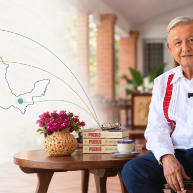 Portada del libro Pueblo de López Obrador sobre un mapa de México con tres frentes: Estados Unidos, Sinaloa y Morena