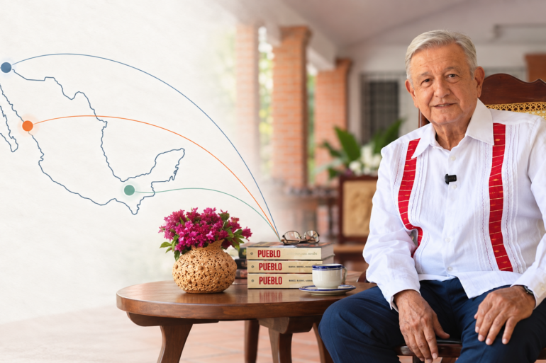 Portada del libro Pueblo de López Obrador sobre un mapa de México con tres frentes: Estados Unidos, Sinaloa y Morena