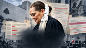 Guadalupe Taddei en composición editorial sobre la sucesión del INE, con documentos de contratos investigados y elementos de la institución electoral.