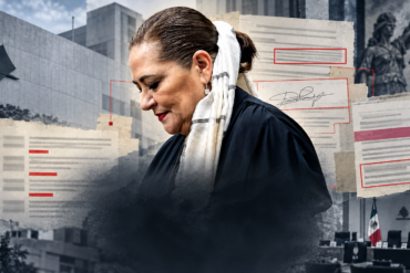 Guadalupe Taddei en composición editorial sobre la sucesión del INE, con documentos de contratos investigados y elementos de la institución electoral.