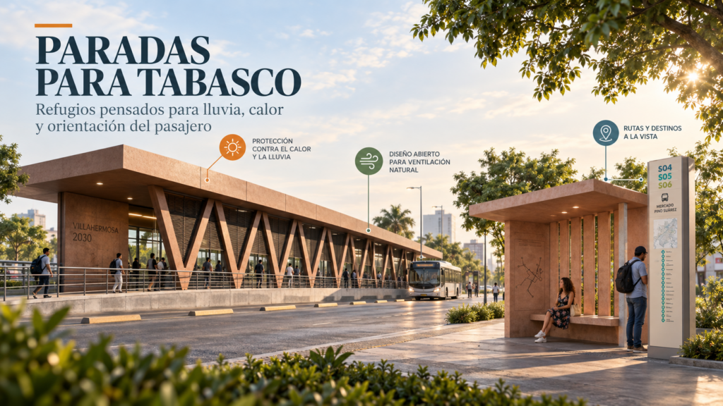 Ilustración arquitectónica de las nuevas estaciones y paraderos de Villahermosa 2030, con cubiertas contra el sol y la lluvia, ventilación natural y señalización de rutas.