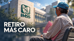 Adulto mayor con gorra azul y cubrebocas, sentado con una carpeta rosa frente a un edificio del IMSS; sobre la imagen se lee «Retiro más caro»